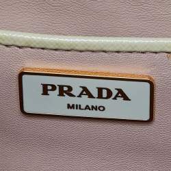 Pre Owned Prada Light Yellow Saffiano Lux Patent Leather Studded Pyramid Frame Satchel