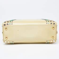 Pre Owned Prada Light Yellow Saffiano Lux Patent Leather Studded Pyramid Frame Satchel