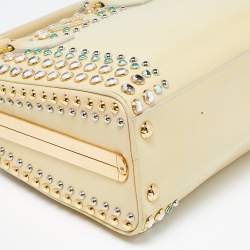 Pre Owned Prada Light Yellow Saffiano Lux Patent Leather Studded Pyramid Frame Satchel
