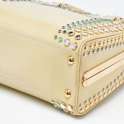 Pre Owned Prada Light Yellow Saffiano Lux Patent Leather Studded Pyramid Frame Satchel
