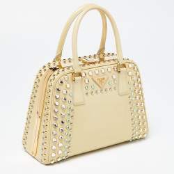 Pre Owned Prada Light Yellow Saffiano Lux Patent Leather Studded Pyramid Frame Satchel