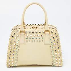 Pre Owned Prada Light Yellow Saffiano Lux Patent Leather Studded Pyramid Frame Satchel