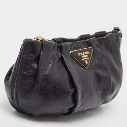 Pre Owned Prada Black Pleated Leather Wristlet Clutch