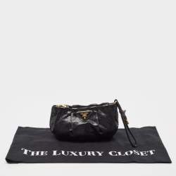 Pre Owned Prada Black Pleated Leather Wristlet Clutch