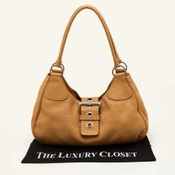 Pre Owned Prada Beige Vitello Daino Leather Buckle Flap Hobo