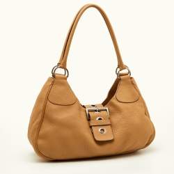 Pre Owned Prada Beige Vitello Daino Leather Buckle Flap Hobo