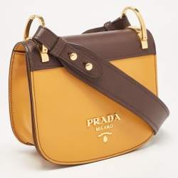 Pre Owned Prada Mustard Yellow/Choco Brown Leather Pionniere Saddle Bag