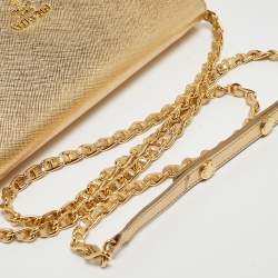 مملوكة مسبقًا Prada Gold Saffiano Metal Leather Wallet on Chain