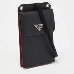 Pre Owned Prada Black/Red Saffiano Leather Logo Phone Crossbody Bag