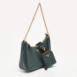 Pre Owned Prada Green Saffiano Lux Leather Re-Edition 2005 Baguette Bag