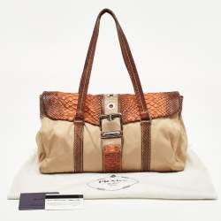 Pre Owned Prada Beige/Brown Nylon and Python Flap Tote