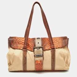 Pre Owned Prada Beige/Brown Nylon and Python Flap Tote