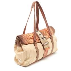 Pre Owned Prada Beige/Brown Nylon and Python Flap Tote