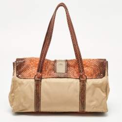 Pre Owned Prada Beige/Brown Nylon and Python Flap Tote