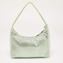 Pre Owned Prada Mint Green Satin Mini Crystal Studded Re-Edition 2000 Shoulder Bag