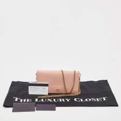 Pre Owned Prada Pink Saffiano Cuir Leather Wallet On Chain