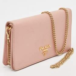Pre Owned Prada Pink Saffiano Cuir Leather Wallet On Chain