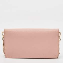 Pre Owned Prada Pink Saffiano Cuir Leather Wallet On Chain
