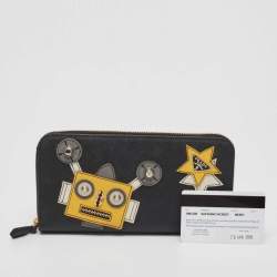 Pre Owned Prada Black Saffiano Robot Leather Zip Around Continental Wallet