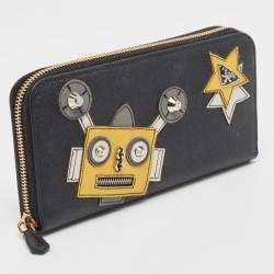 Pre Owned Prada Black Saffiano Robot Leather Zip Around Continental Wallet