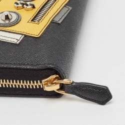 Pre Owned Prada Black Saffiano Robot Leather Zip Around Continental Wallet