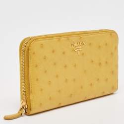 Pre Owned Prada Mustard Ostrich Zip Around Wallet