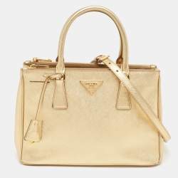 Prada Gold Saffiano Lux Leather Small Double Zip Tote