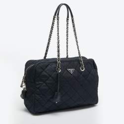 Pre Owned Prada Navy Blue Quilted Tessuto Impuntu Satchel