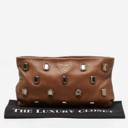 Prada Brown Leather Pietre Jeweled Clutch