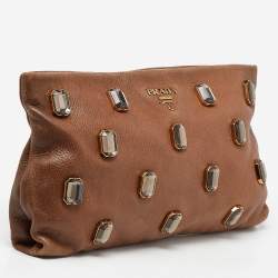 Prada Brown Leather Pietre Jeweled Clutch