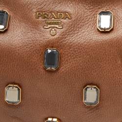 Prada Brown Leather Pietre Jeweled Clutch