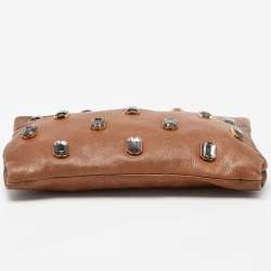 Prada Brown Leather Pietre Jeweled Clutch