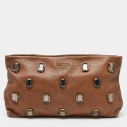 Prada Brown Leather Pietre Jeweled Clutch