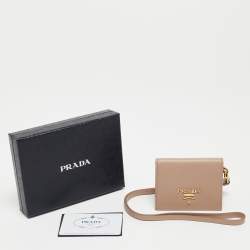 Pre Owned Prada Beige Saffiano Leather Card Holder with Strap 