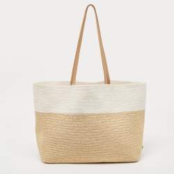 Pre Owned Prada White/Beige Crochet Straw and Leather Tote