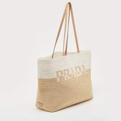 Pre Owned Prada White/Beige Crochet Straw and Leather Tote