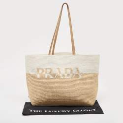 Pre Owned Prada White/Beige Crochet Straw and Leather Tote