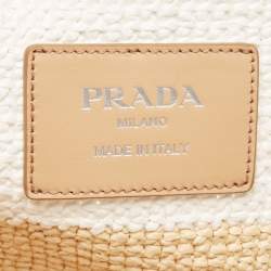 Pre Owned Prada White/Beige Crochet Straw and Leather Tote