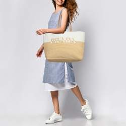 Pre Owned Prada White/Beige Crochet Straw and Leather Tote