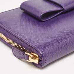 Prada Purple Saffiano Leather Bow Zip Around Wallet