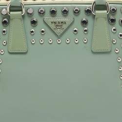 Pre Owned Prada Green/Cream Saffiano Patent Leather Studded Pyramid Frame Satchel