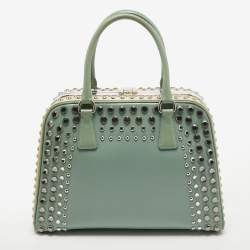 Pre Owned Prada Green/Cream Saffiano Patent Leather Studded Pyramid Frame Satchel