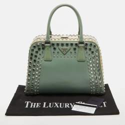 Pre Owned Prada Green/Cream Saffiano Patent Leather Studded Pyramid Frame Satchel
