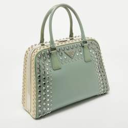 Pre Owned Prada Green/Cream Saffiano Patent Leather Studded Pyramid Frame Satchel