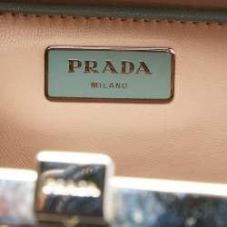 Pre Owned Prada Green/Cream Saffiano Patent Leather Studded Pyramid Frame Satchel