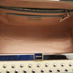 Pre Owned Prada Green/Cream Saffiano Patent Leather Studded Pyramid Frame Satchel