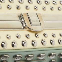 Pre Owned Prada Green/Cream Saffiano Patent Leather Studded Pyramid Frame Satchel