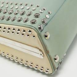 Pre Owned Prada Green/Cream Saffiano Patent Leather Studded Pyramid Frame Satchel