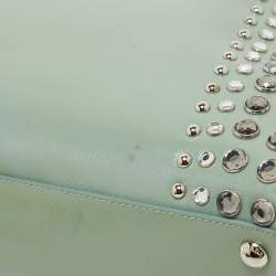 Pre Owned Prada Green/Cream Saffiano Patent Leather Studded Pyramid Frame Satchel