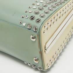 Pre Owned Prada Green/Cream Saffiano Patent Leather Studded Pyramid Frame Satchel